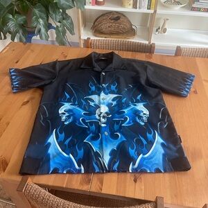 Vintage Dragonfly Black and Blue Flame Skull Shirt